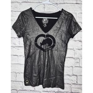 VTG Y2K Ecko Red NYC Sequin Shirt Women Medium Black Silver Rhino Heart Gorpcore